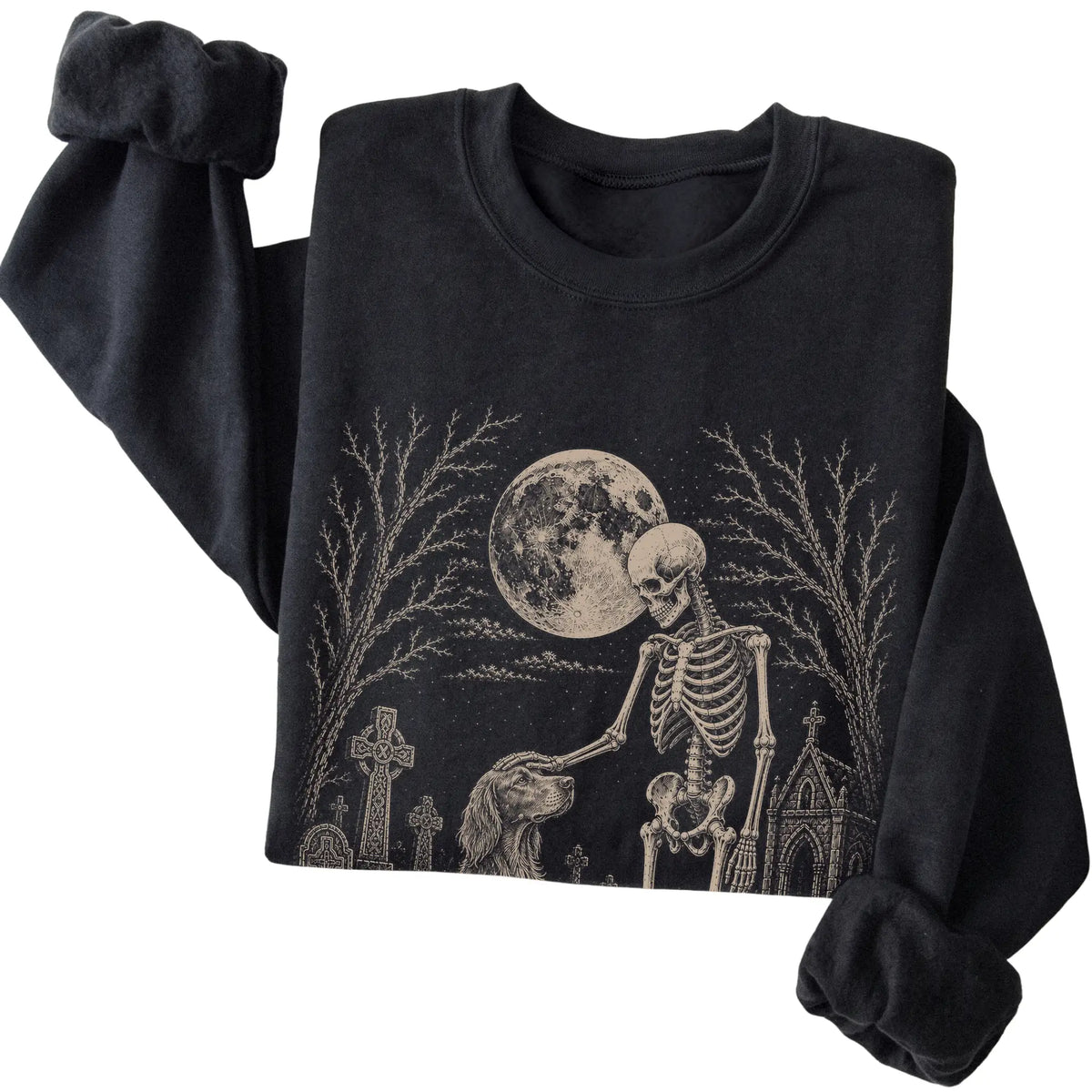 Folded Black sweatshirt with a skeleton petting an Irish Setter in a graveyard