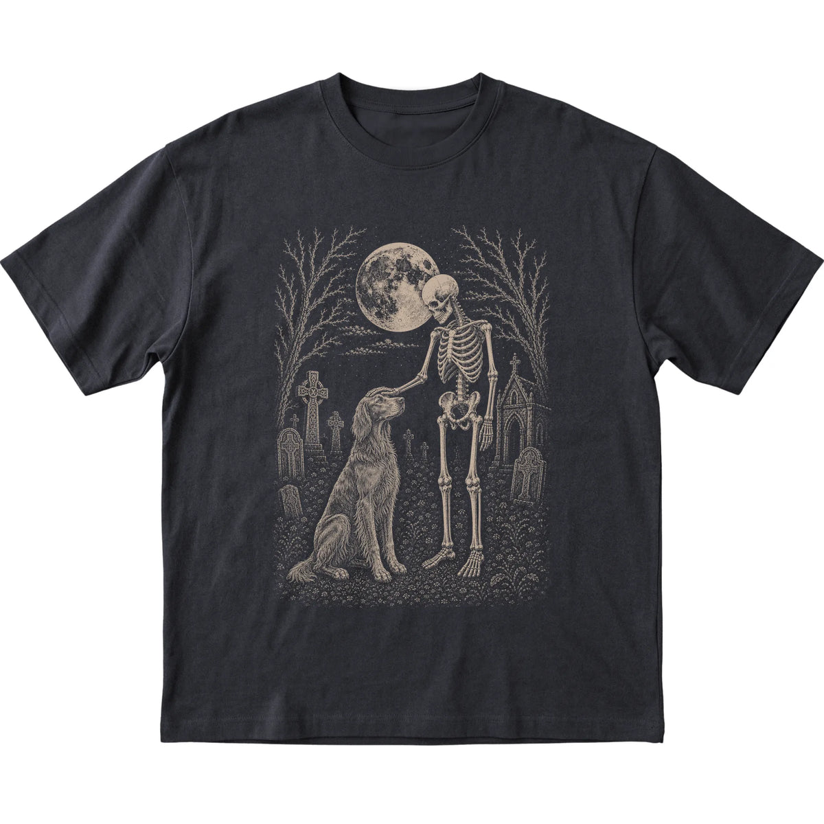 Skeleton petting an Irish Setter in a graveyard on a Black T-shirt