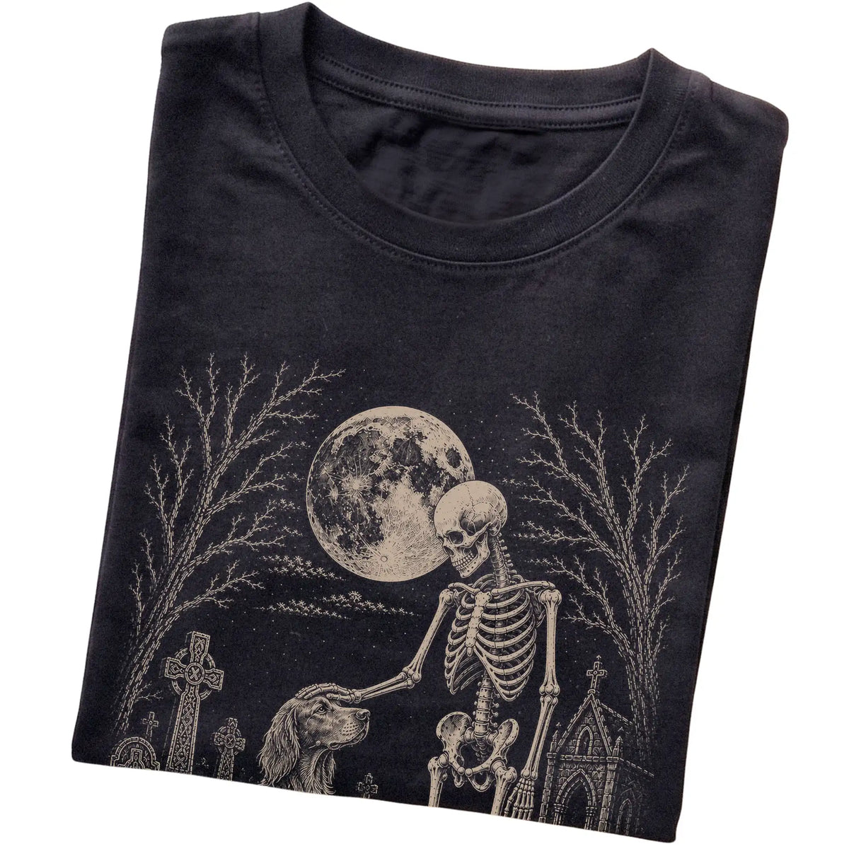Folded Black T-shirt with a skeleton petting an Irish Setter in a graveyard