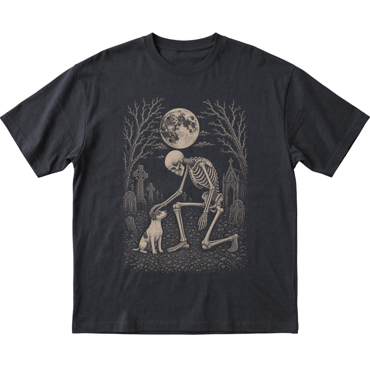 Skeleton petting a Jack Russell in a graveyard on a Black T-shirt