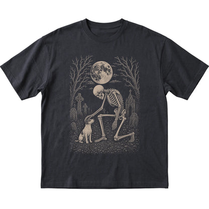 Skeleton petting a Jack Russell in a graveyard on a Black T-shirt