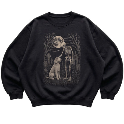 Skeleton petting a Labradoodle in a graveyard on a Black sweatshirt