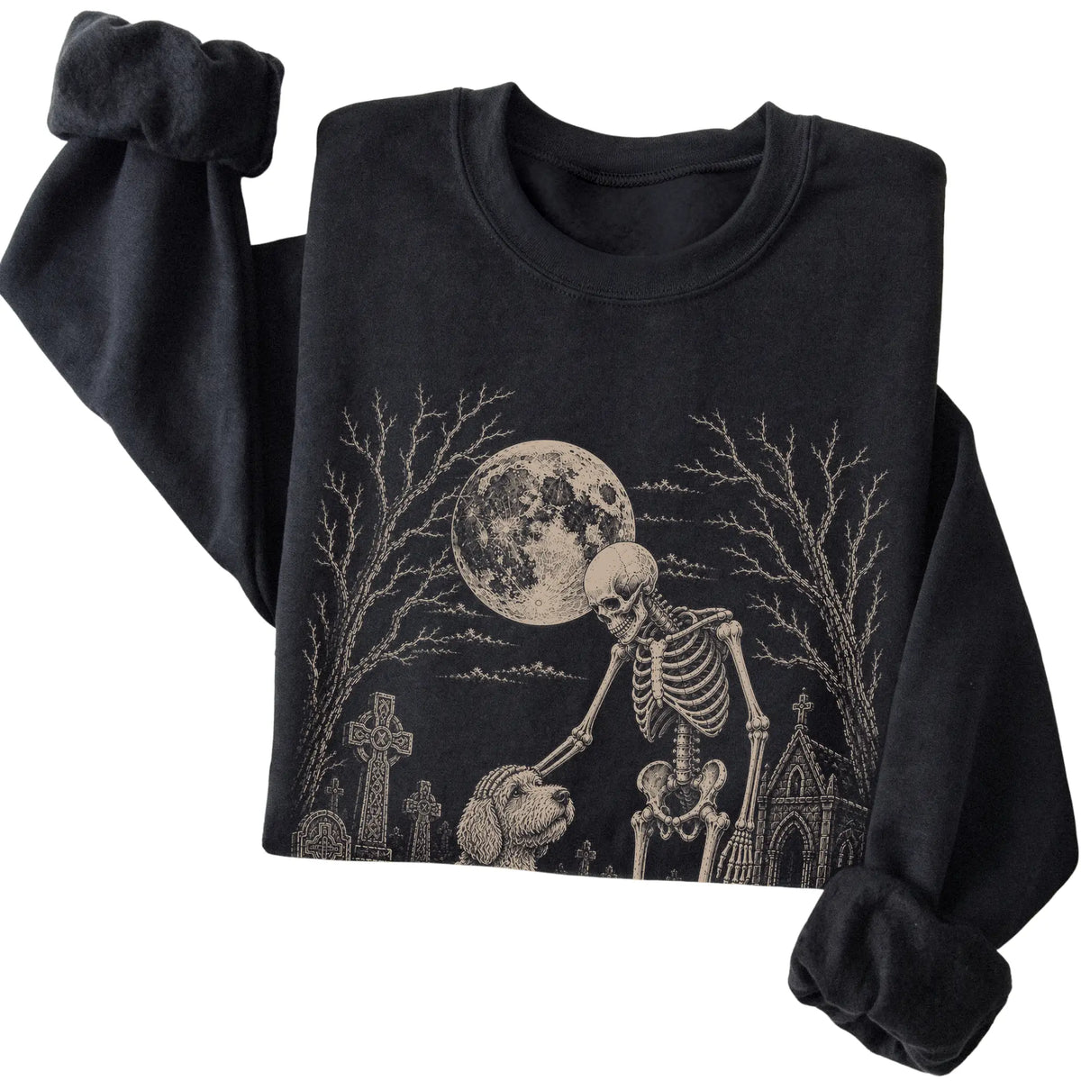 Folded Black sweatshirt with a skeleton petting a Labradoodle in a graveyard