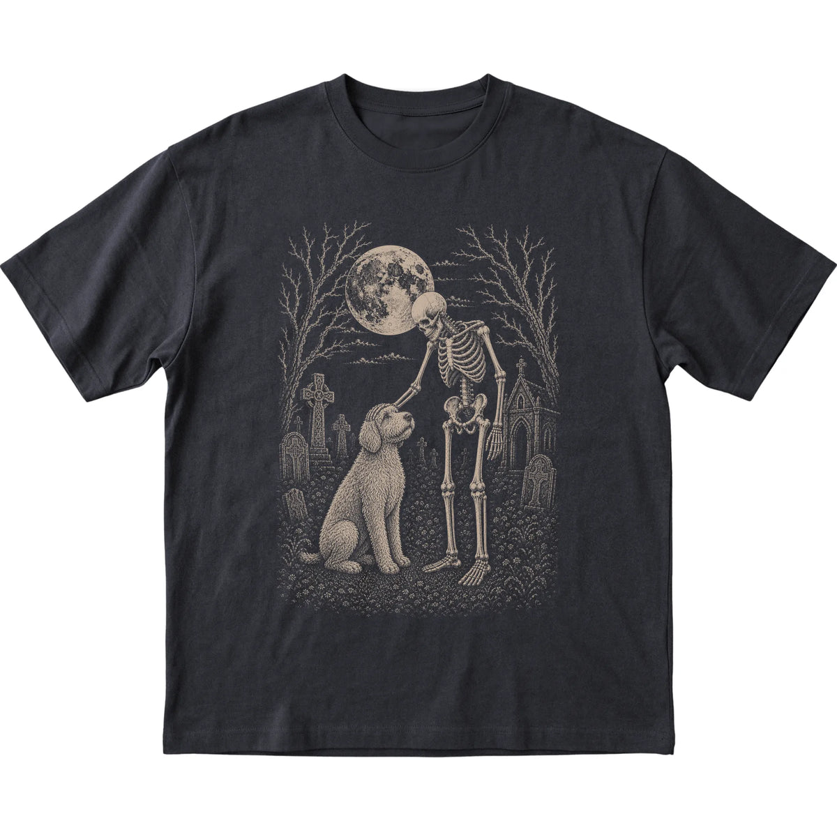 Skeleton petting a Labradoodle in a graveyard on a Black T-shirt
