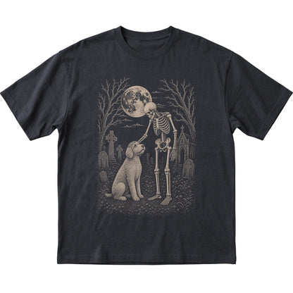 Skeleton petting a Labradoodle in a graveyard on a Black T-shirt