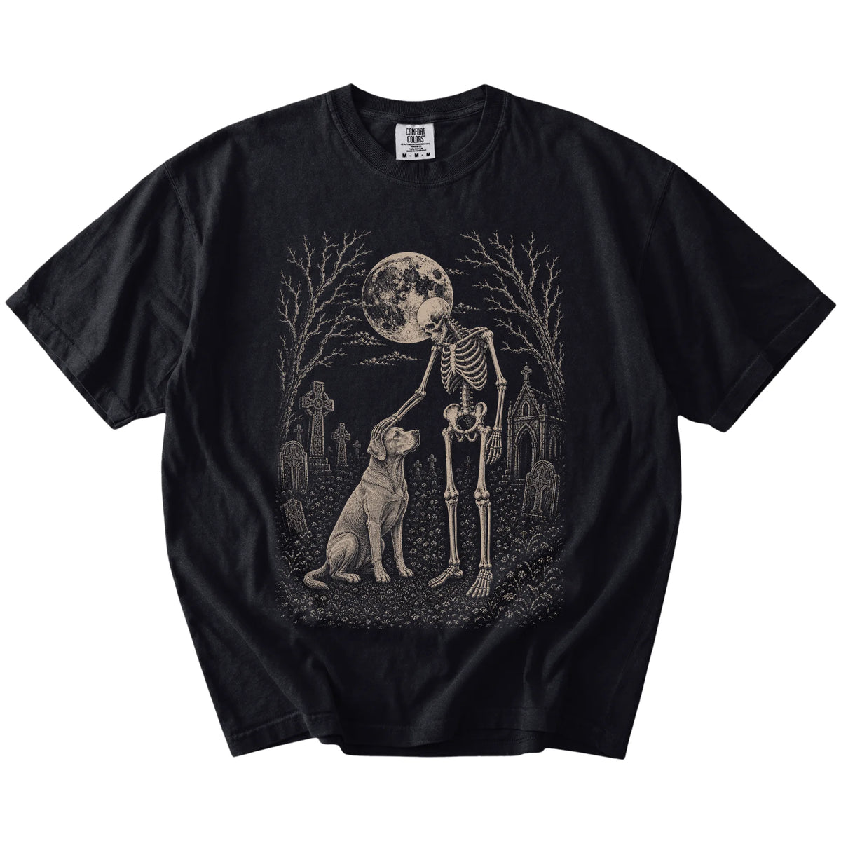 Labrador Retriever sharing a quiet cemetery moment with a friendly skeleton on a Black Comfort Colors® T-shirt