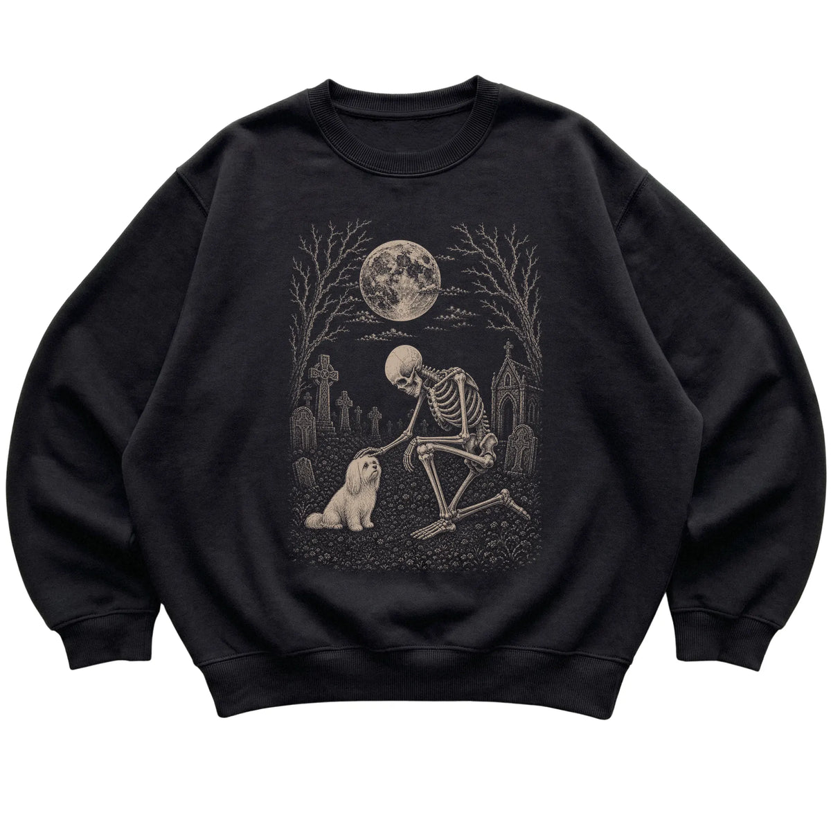 Skeleton petting a Maltese in a graveyard on a Black sweatshirt
