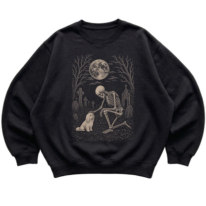 Skeleton petting a Maltese in a graveyard on a Black sweatshirt