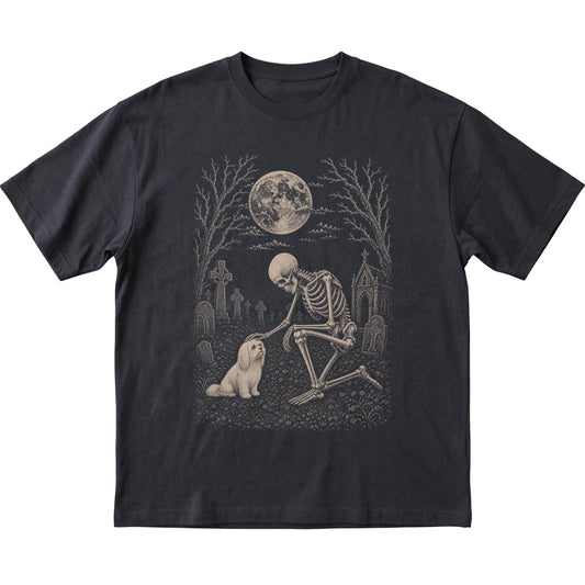 Skeleton petting a Maltese in a graveyard on a Black T-shirt