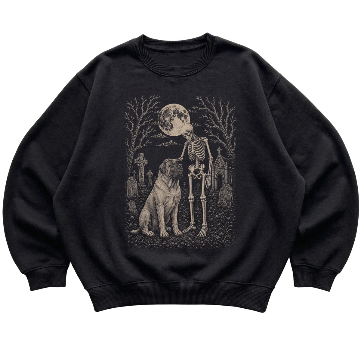 Skeleton petting a Mastiff in a graveyard on a Black sweatshirt