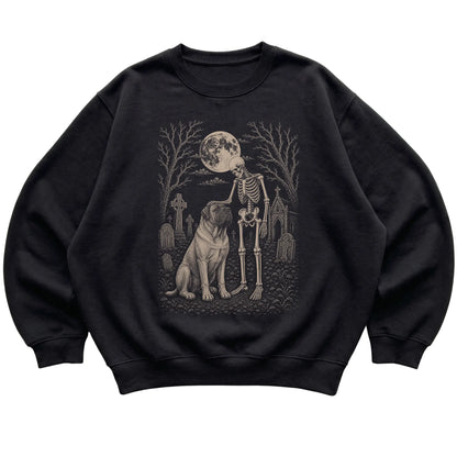 Skeleton petting a Mastiff in a graveyard on a Black sweatshirt