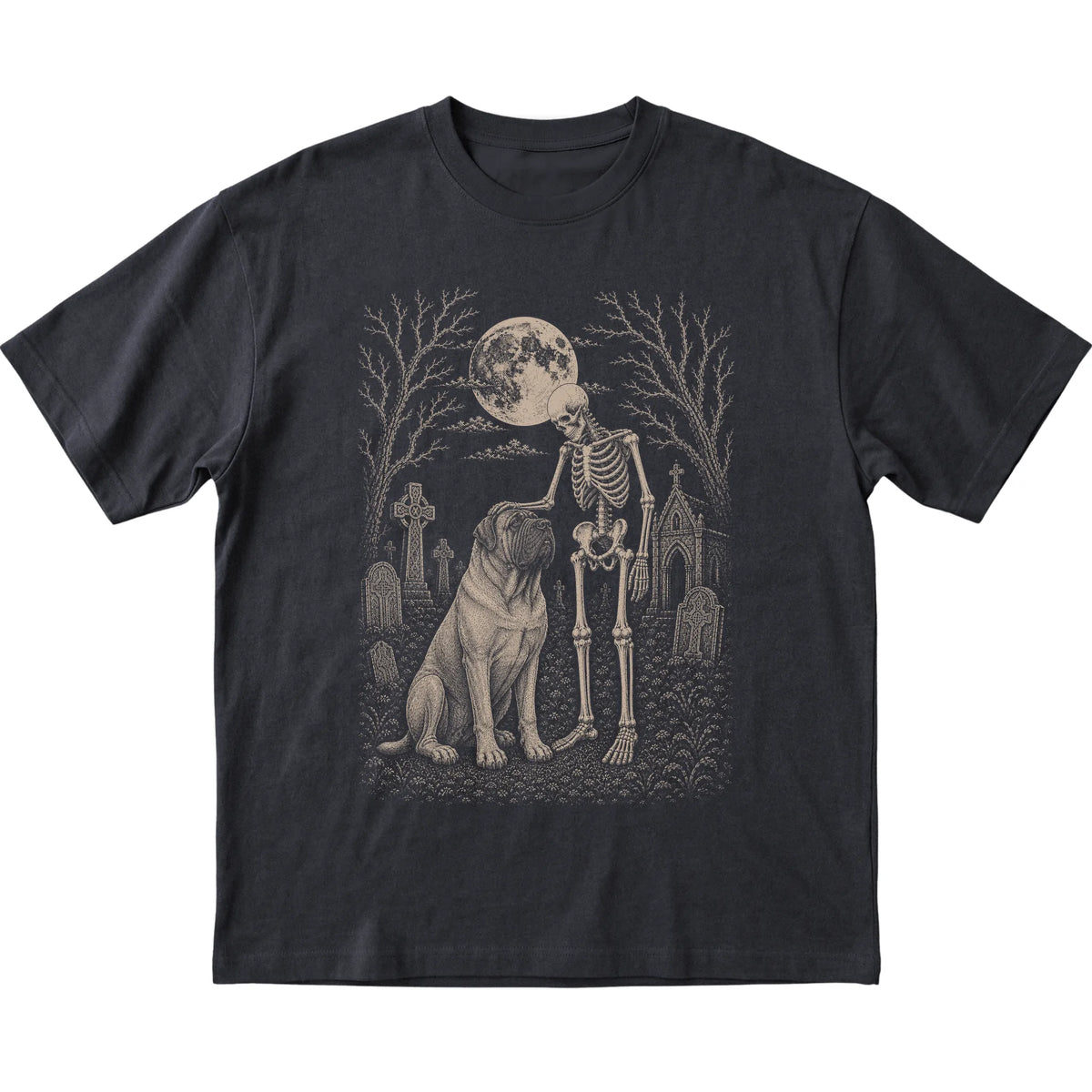 Skeleton petting a Mastiff in a graveyard on a Black T-shirt