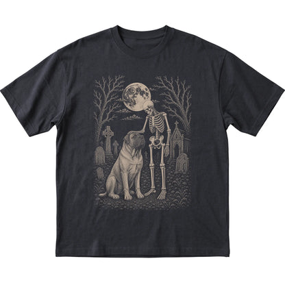 Skeleton petting a Mastiff in a graveyard on a Black T-shirt