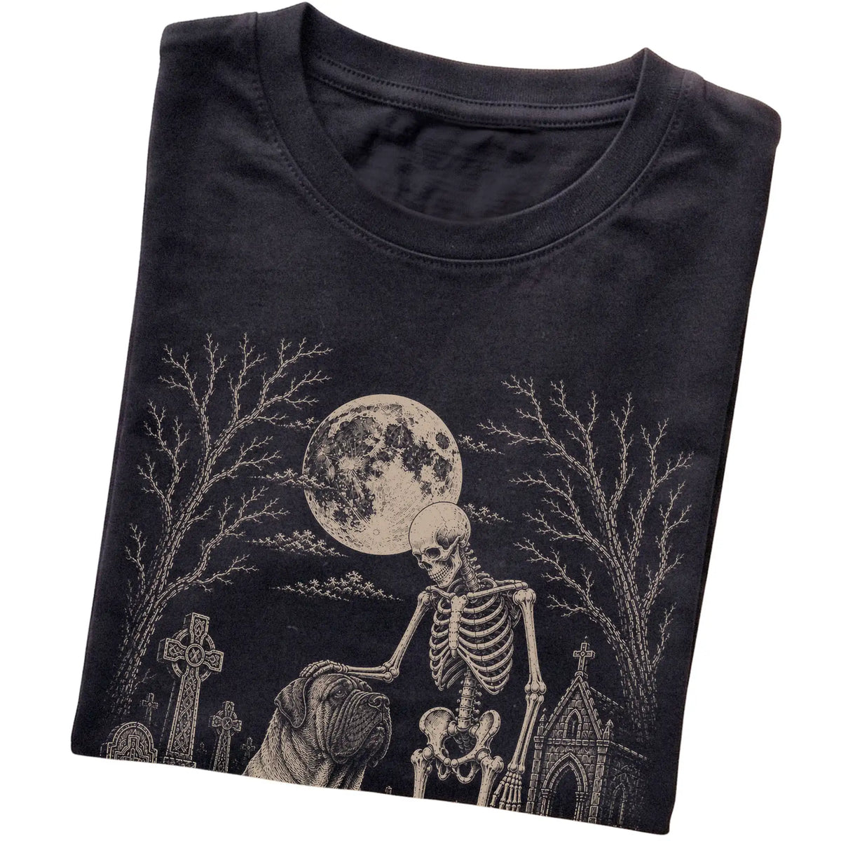 Folded Black T-shirt with a skeleton petting a Mastiff in a graveyard