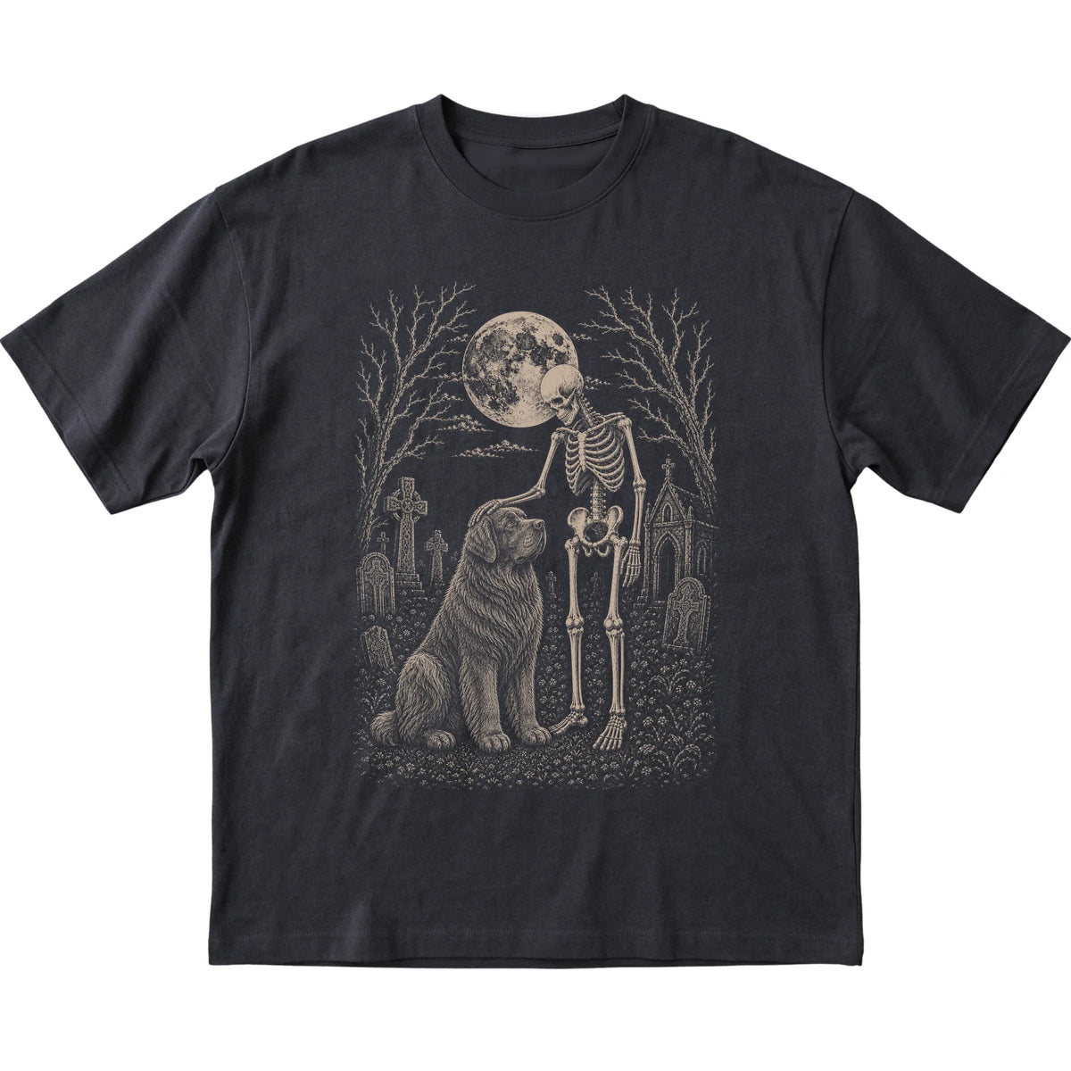 Skeleton petting a Newfie in a graveyard on a Black T-shirt
