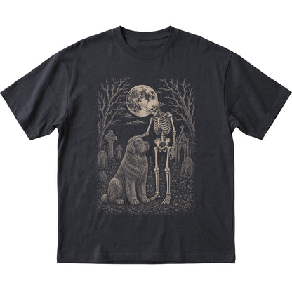 Skeleton petting a Newfie in a graveyard on a Black T-shirt
