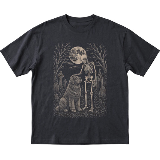 Skeleton petting a Newfie in a graveyard on a Black T-shirt