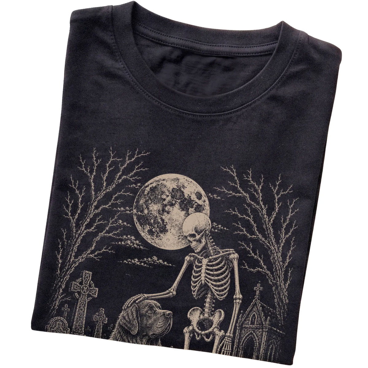 Folded Black T-shirt with a skeleton petting a Newfie in a graveyard
