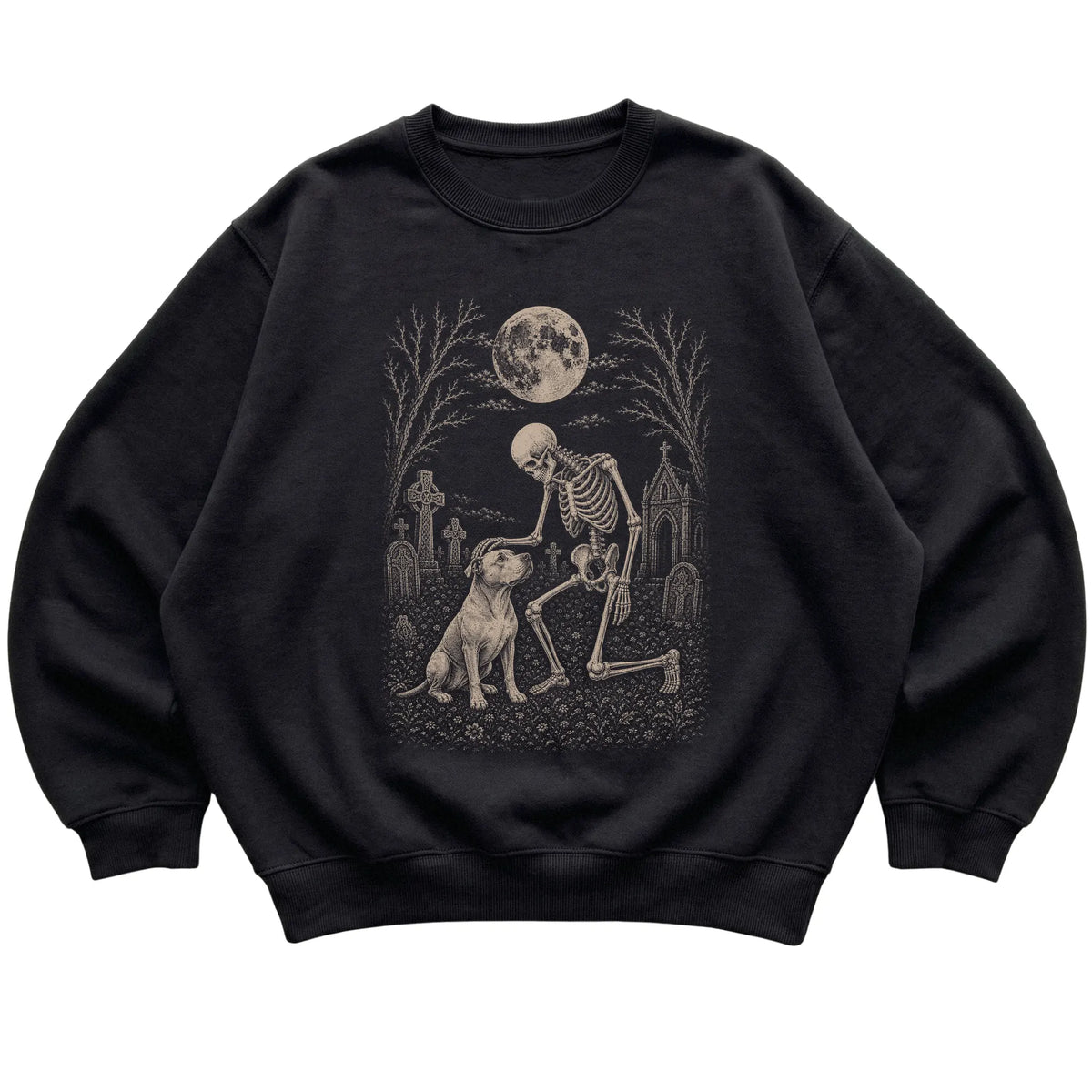 Skeleton petting a Pitbull in a graveyard on a Black sweatshirt