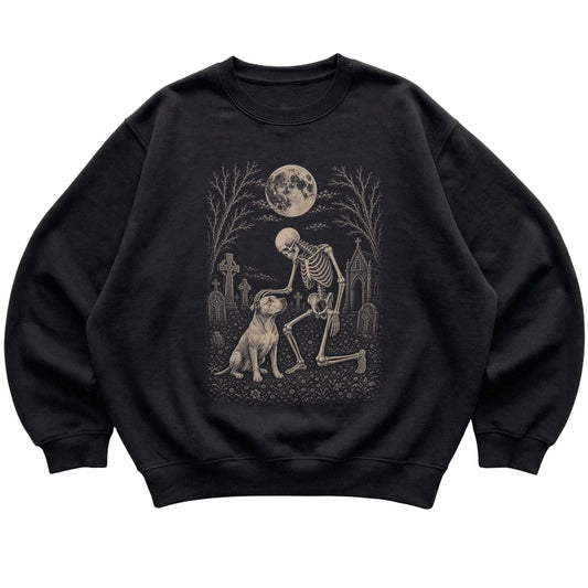 Skeleton petting a Pitbull in a graveyard on a Black sweatshirt