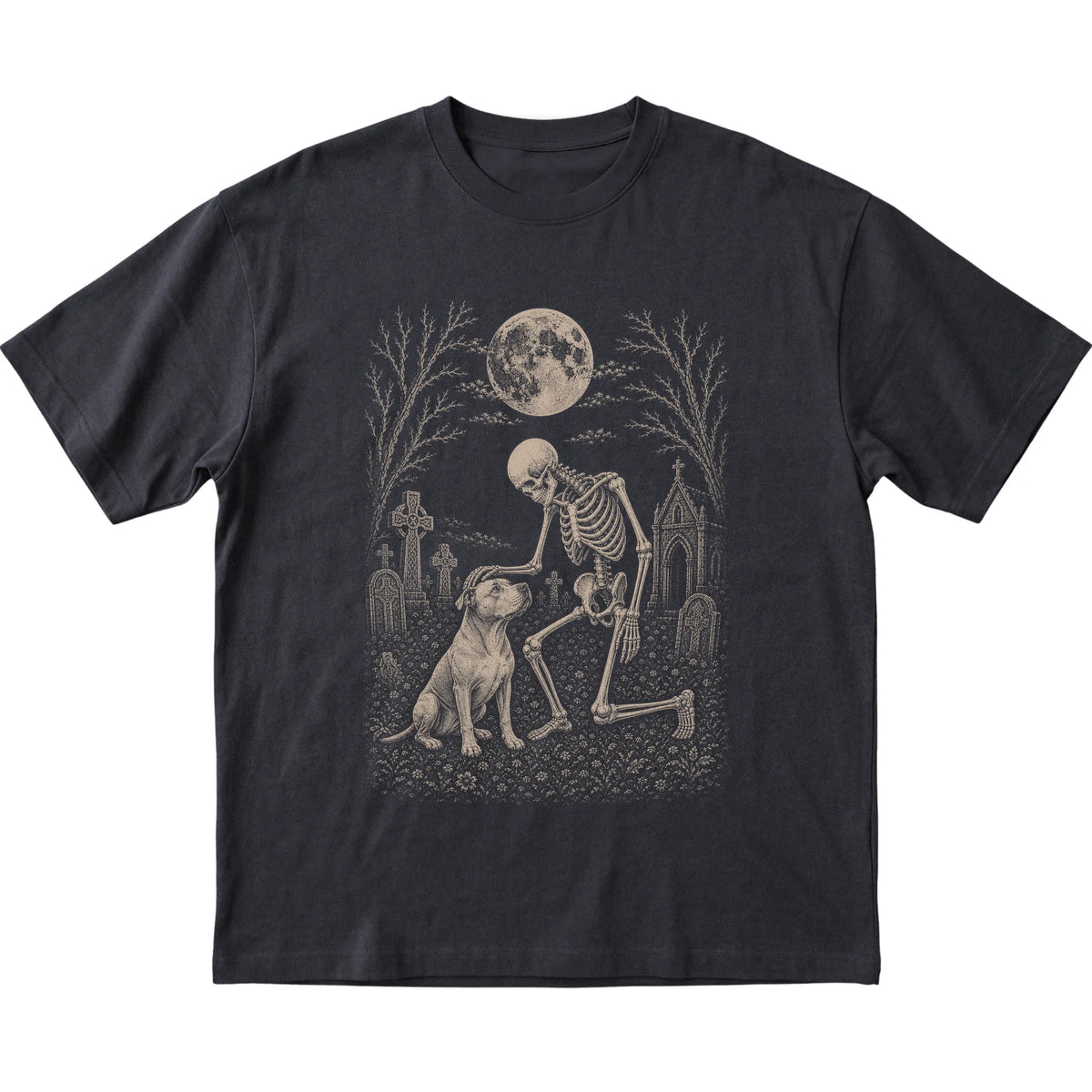Skeleton petting a Pitbull in a graveyard on a Black T-shirt