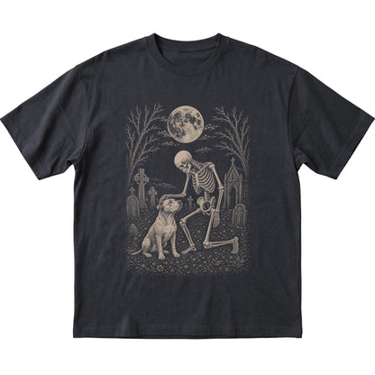 Skeleton petting a Pitbull in a graveyard on a Black T-shirt