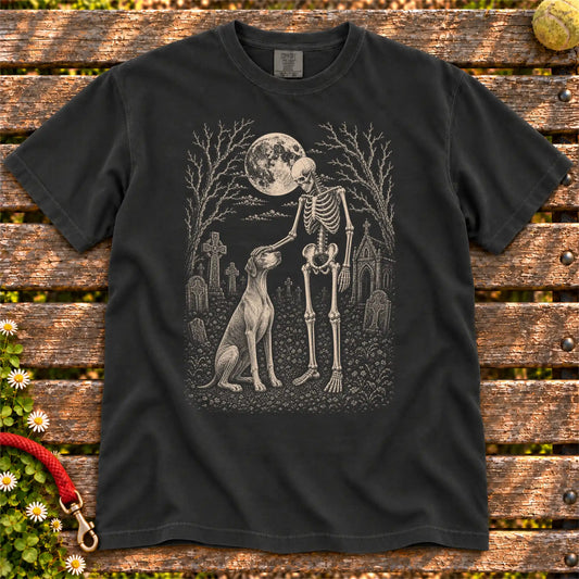 Pointer sharing a quiet cemetery moment with a friendly skeleton on a Black Comfort Colors® T-shirt