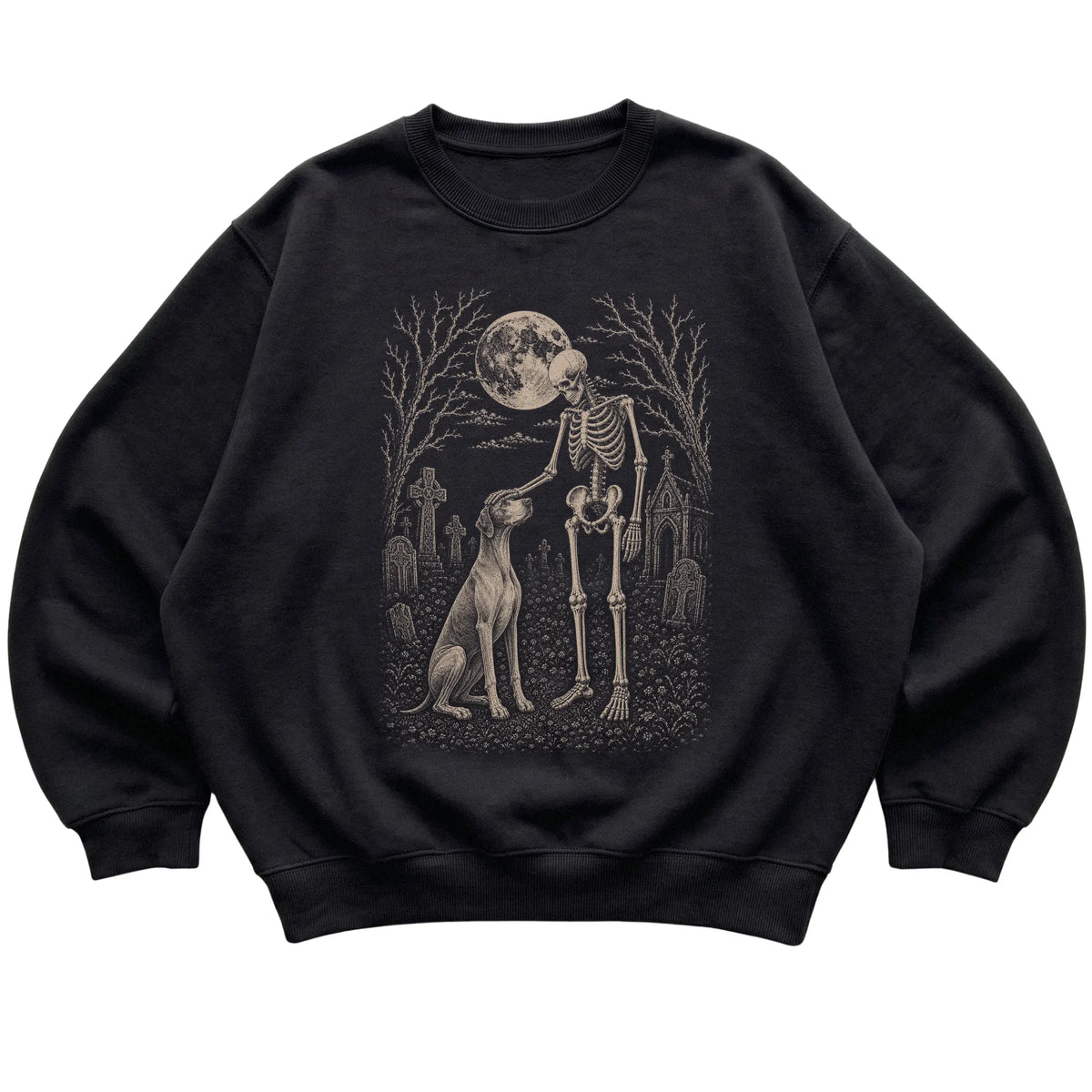 Skeleton petting a Pointer in a graveyard on a Black sweatshirt
