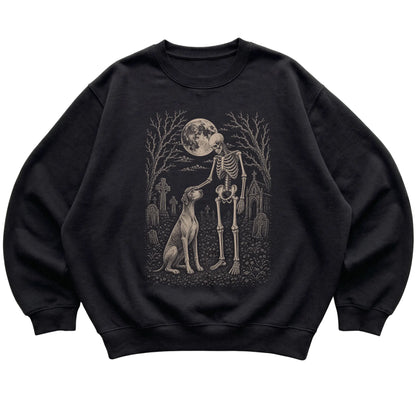 Skeleton petting a Pointer in a graveyard on a Black sweatshirt