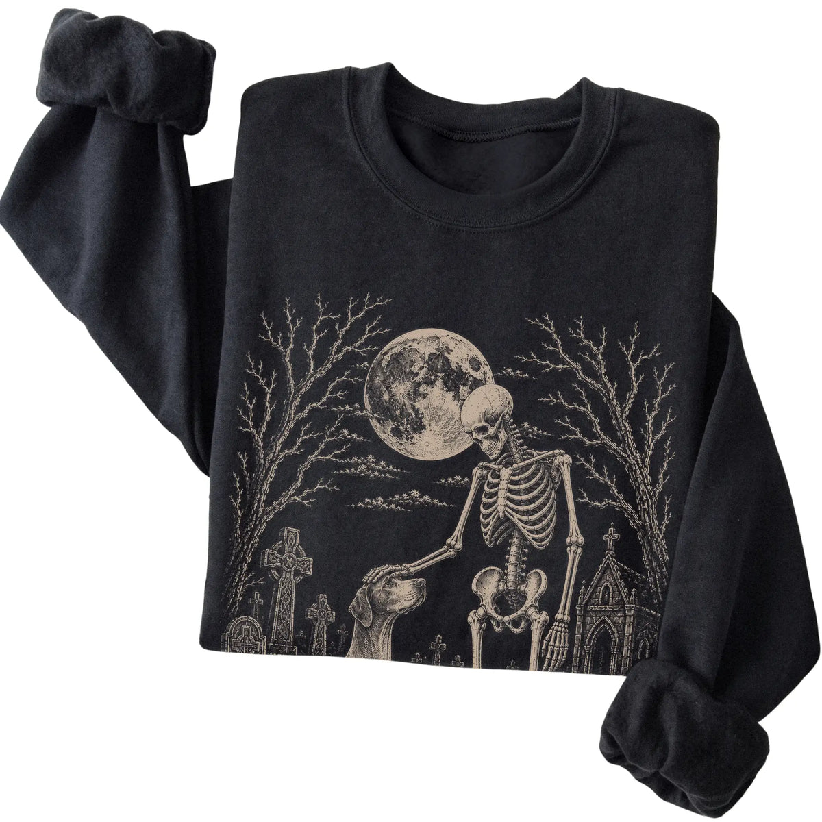 Folded Black sweatshirt with a skeleton petting a Pointer in a graveyard
