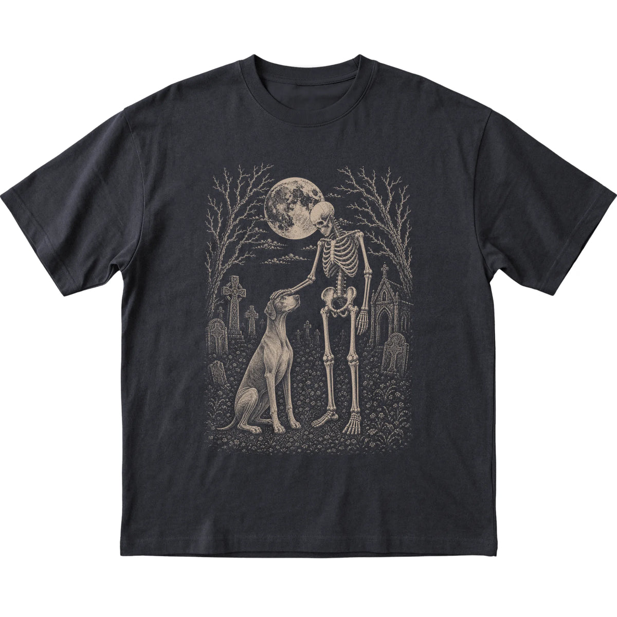 Skeleton petting a Pointer in a graveyard on a Black T-shirt