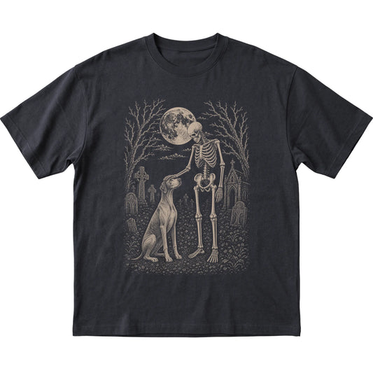 Skeleton petting a Pointer in a graveyard on a Black T-shirt