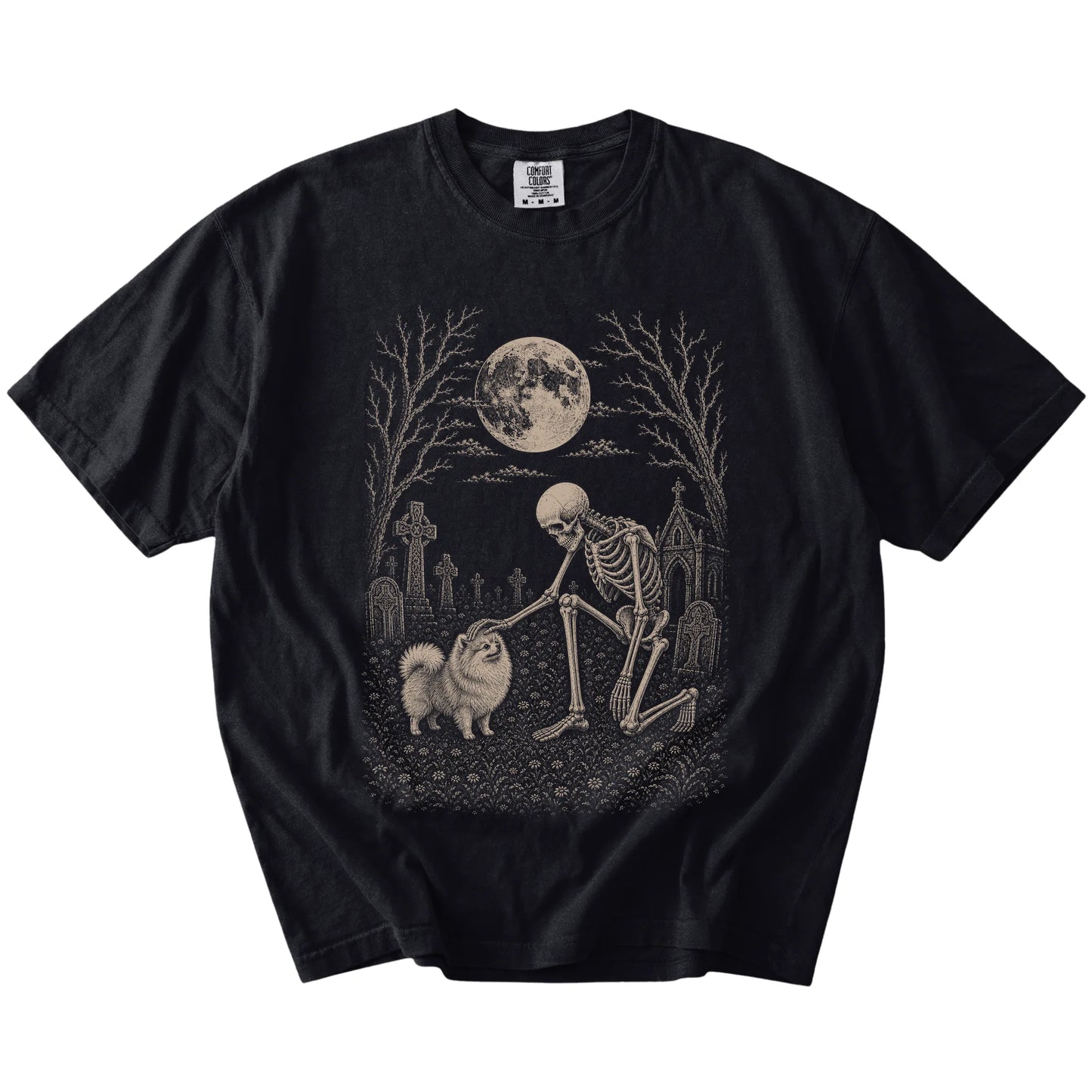 Pomeranian sharing a quiet cemetery moment with a friendly skeleton on a Black Comfort Colors® T-shirt