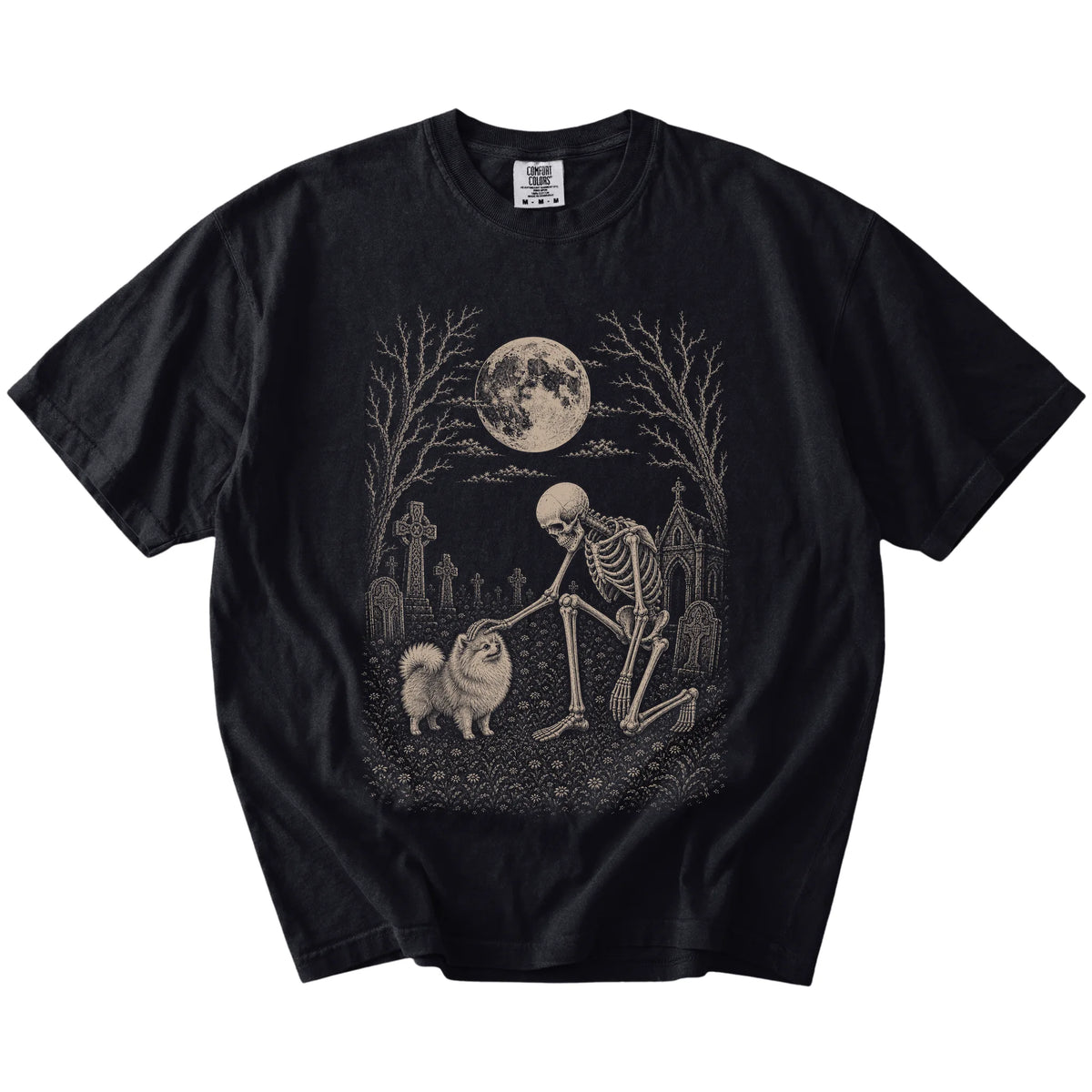 Pomeranian sharing a quiet cemetery moment with a friendly skeleton on a Black Comfort Colors® T-shirt
