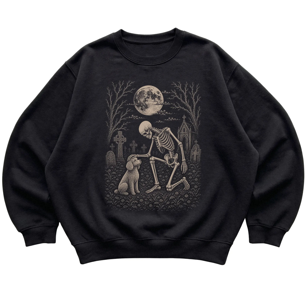 Skeleton petting a Poodle in a graveyard on a Black sweatshirt