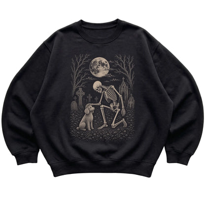 Skeleton petting a Poodle in a graveyard on a Black sweatshirt