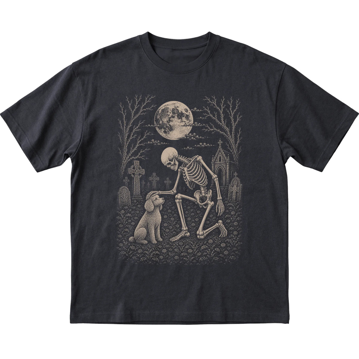 Skeleton petting a Poodle in a graveyard on a Black T-shirt