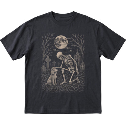 Skeleton petting a Poodle in a graveyard on a Black T-shirt