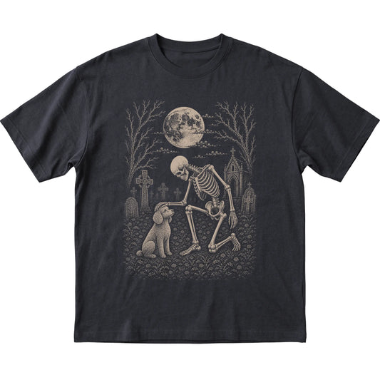 Skeleton petting a Poodle in a graveyard on a Black T-shirt