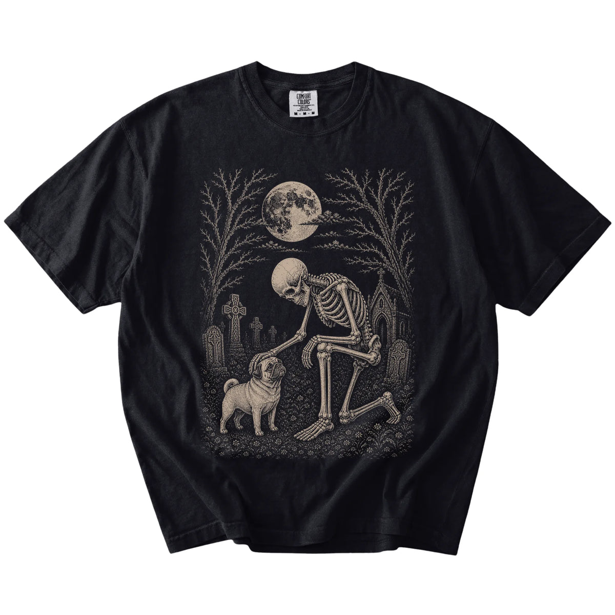 Pug sharing a quiet cemetery moment with a friendly skeleton on a Black Comfort Colors® T-shirt