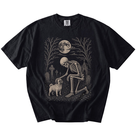Pug sharing a quiet cemetery moment with a friendly skeleton on a Black Comfort Colors® T-shirt