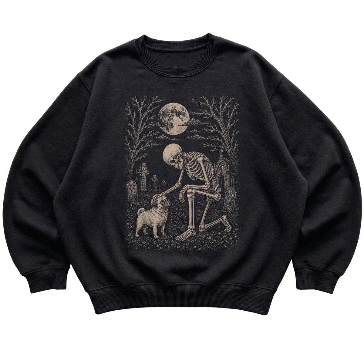Skeleton petting a Pug in a graveyard on a Black sweatshirt