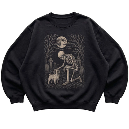 Skeleton petting a Pug in a graveyard on a Black sweatshirt