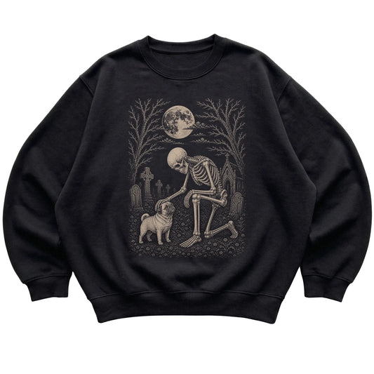 Skeleton petting a Pug in a graveyard on a Black sweatshirt