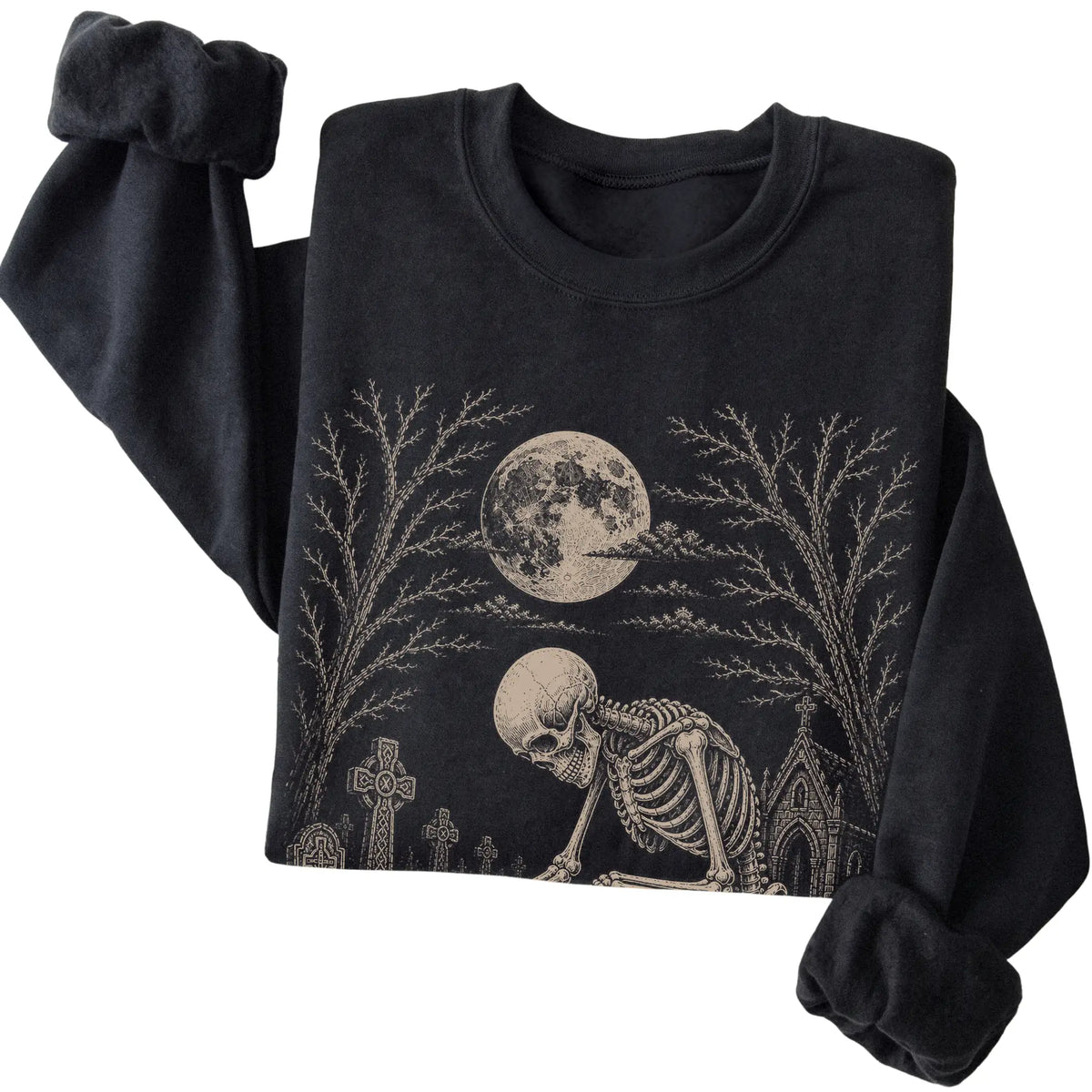 Folded Black sweatshirt with a skeleton petting a Pug in a graveyard