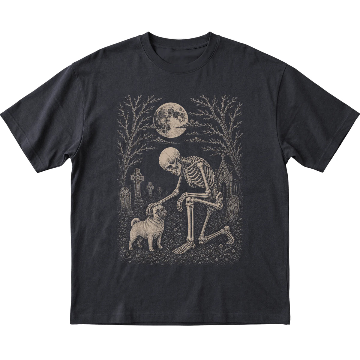 Skeleton petting a Pug in a graveyard on a Black T-shirt