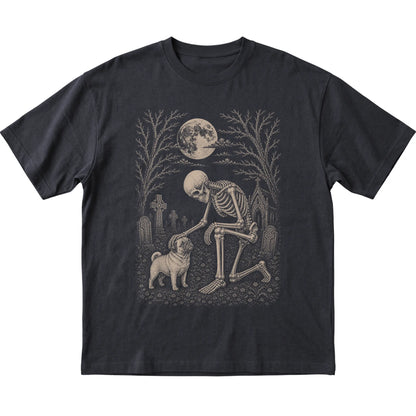Skeleton petting a Pug in a graveyard on a Black T-shirt
