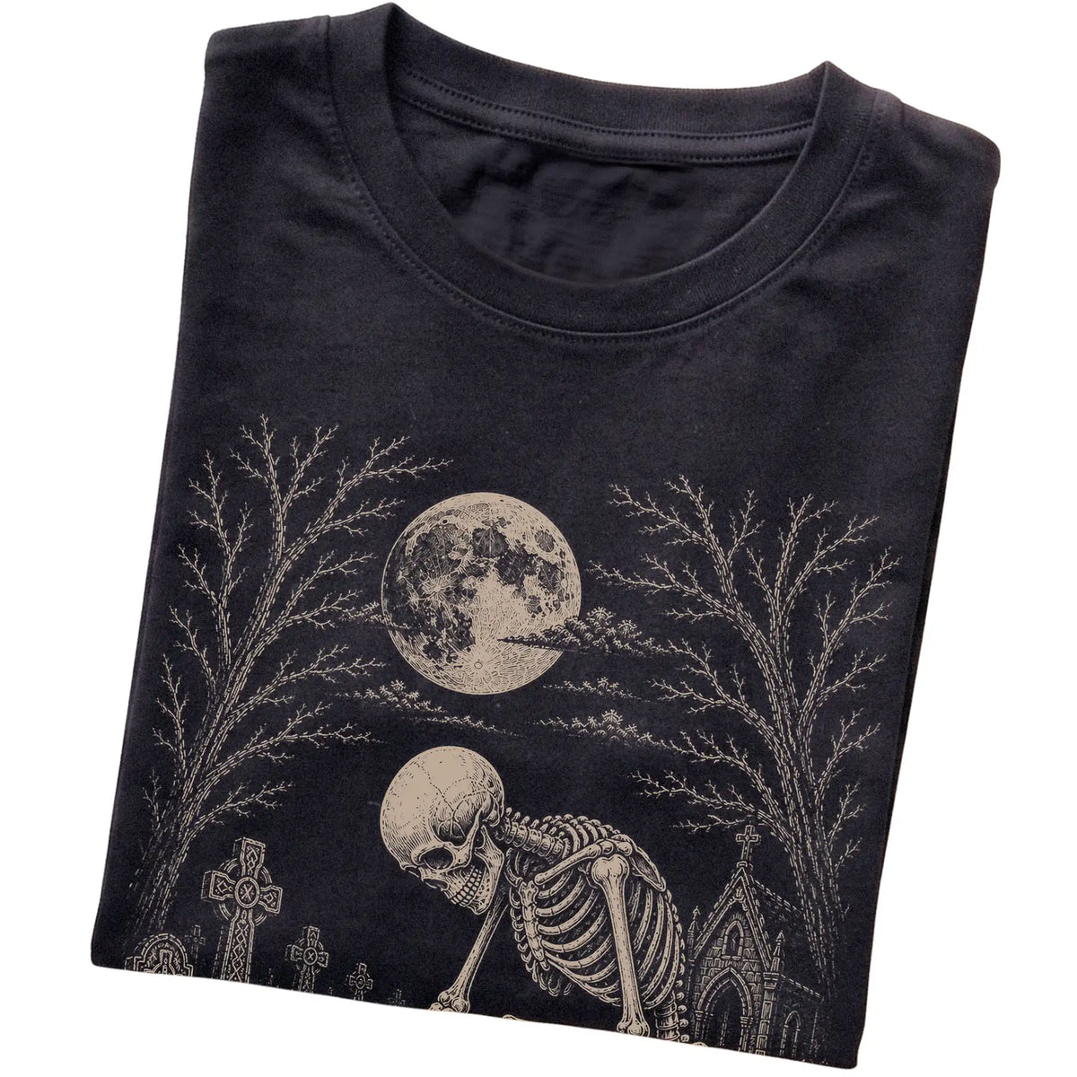 Folded Black T-shirt with a skeleton petting a Pug in a graveyard