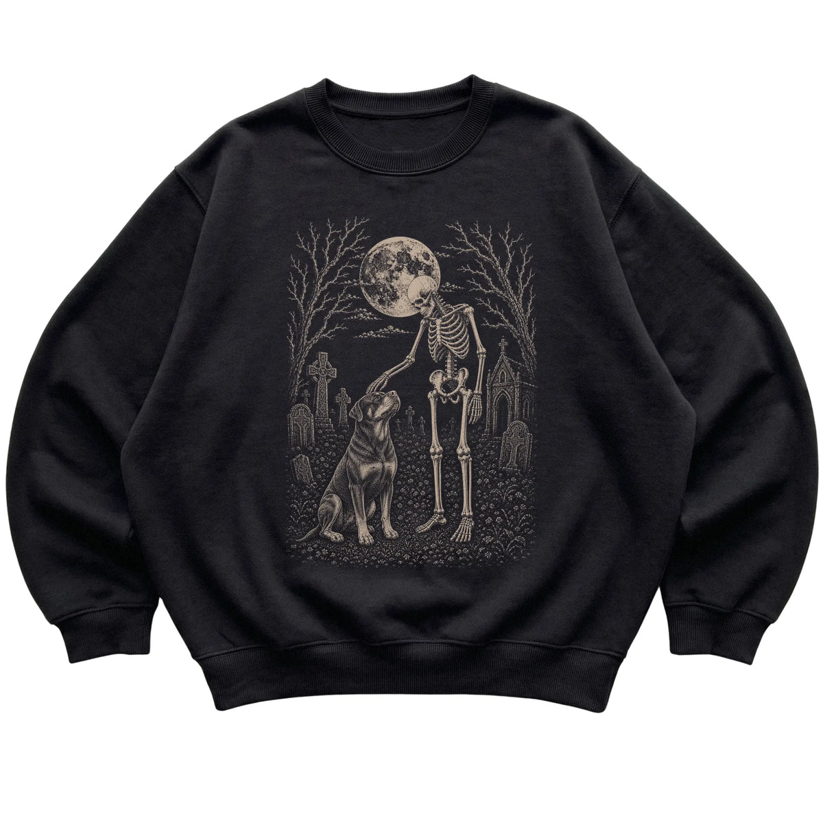 Skeleton petting a Rottweiler in a graveyard on a Black sweatshirt