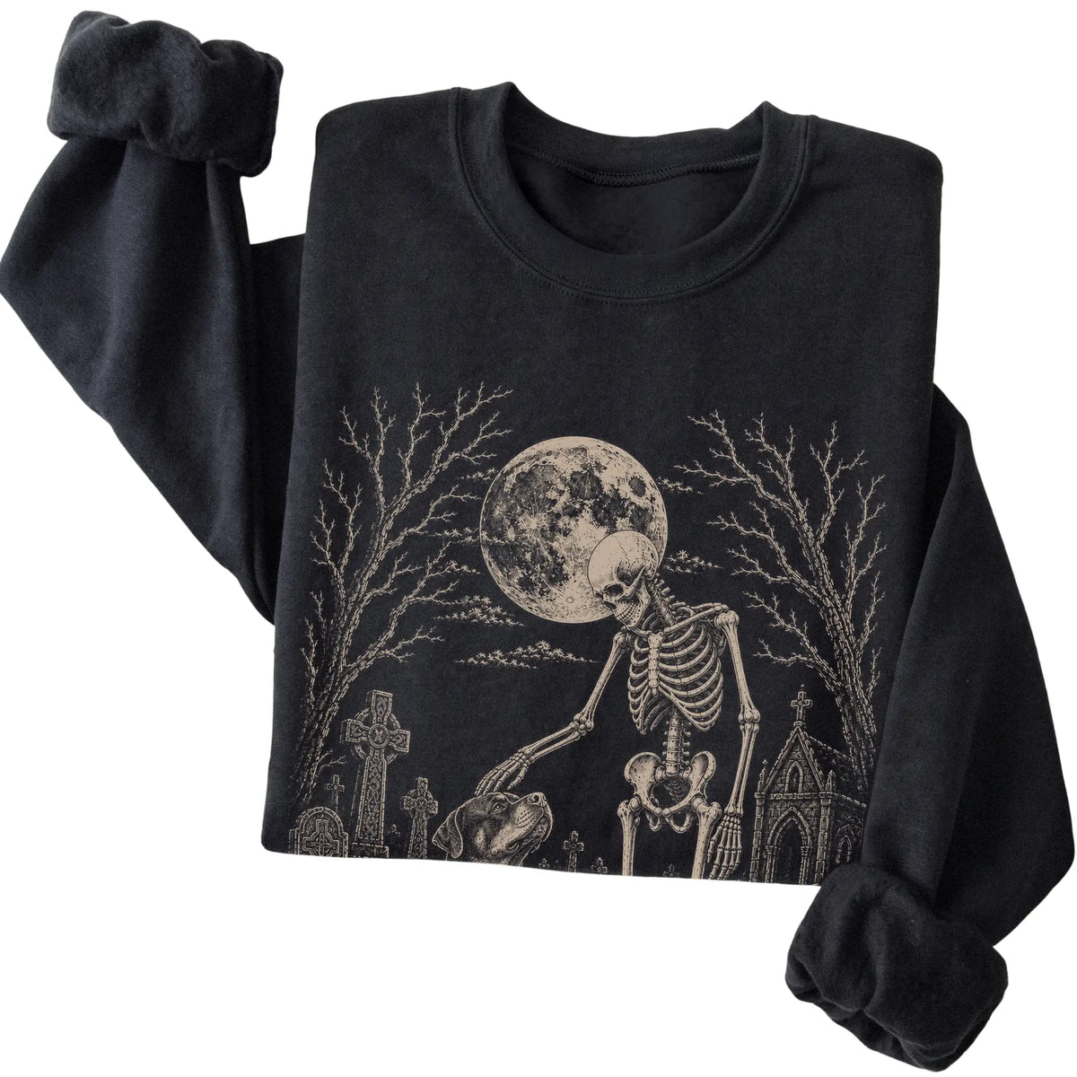Folded Black sweatshirt with a skeleton petting a Rottweiler in a graveyard